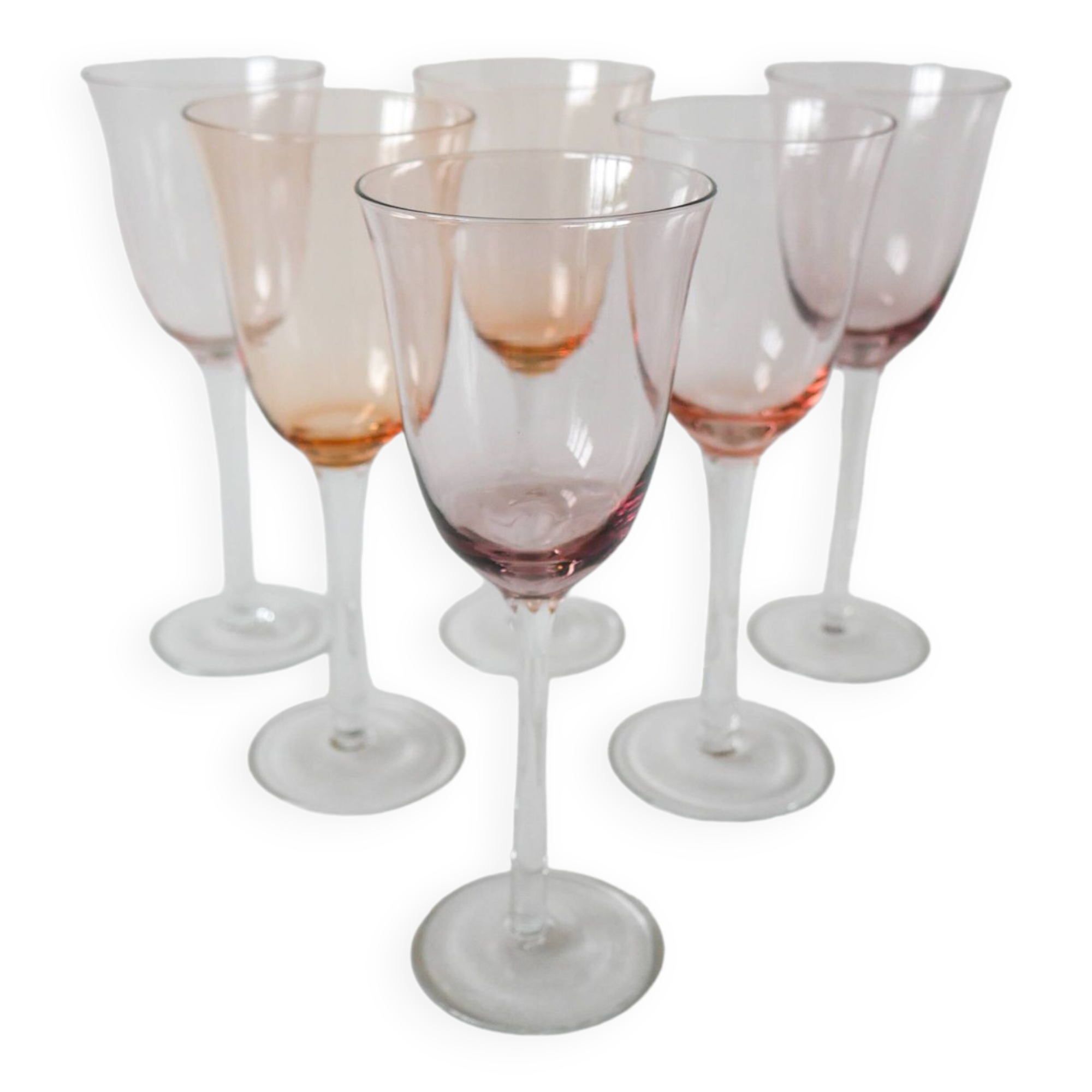 Set of 6 large colored pink and lilac wine glasses 1970