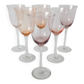 Lot de 6 grands verres à vin colorés rose et lilas 1970