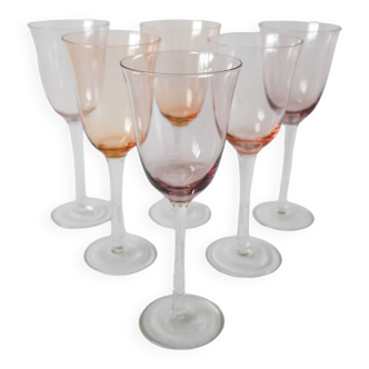 Set of 6 large colored pink and lilac wine glasses 1970