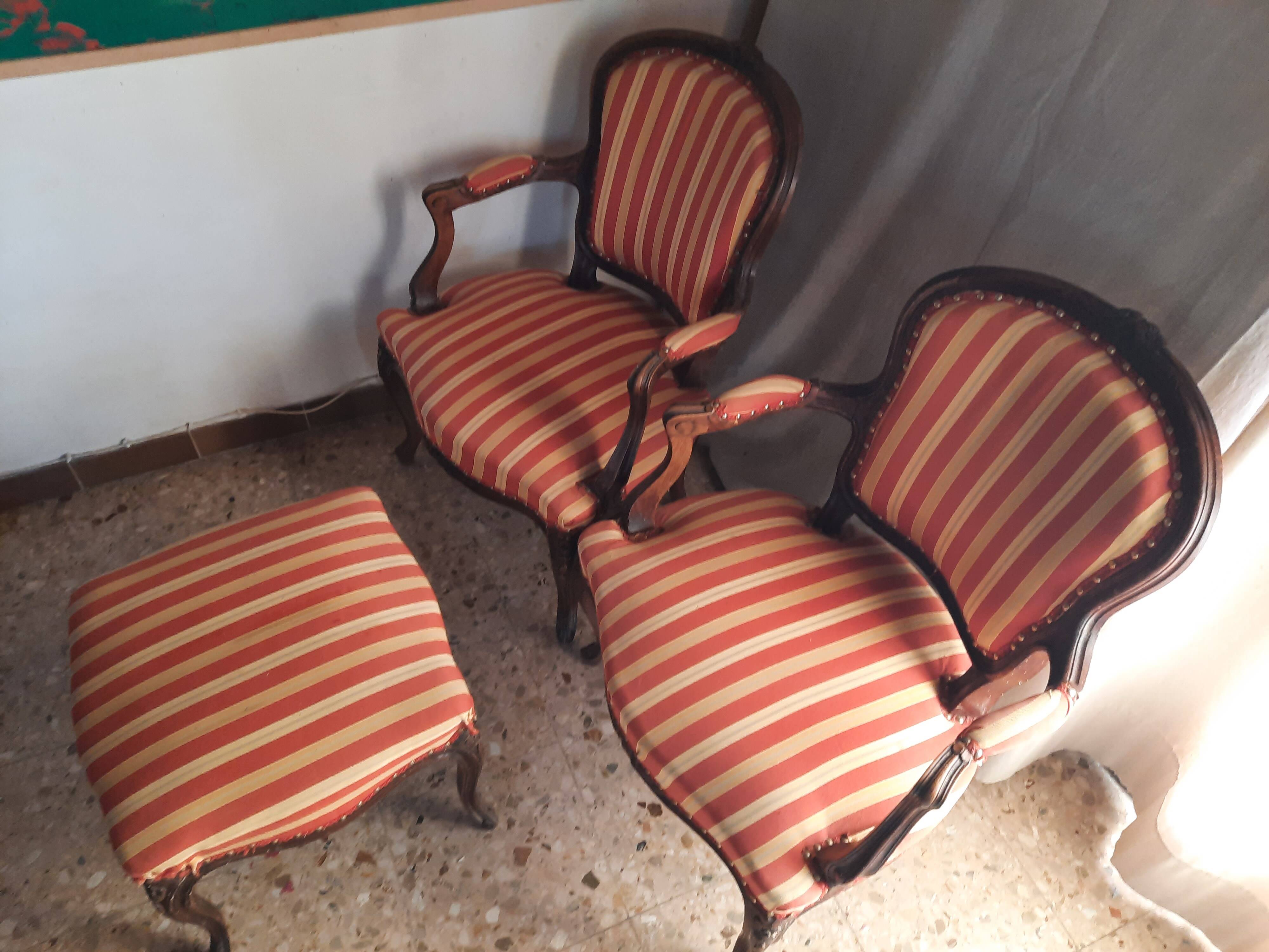 Pair of armchairs + stool in antique Louis XV style