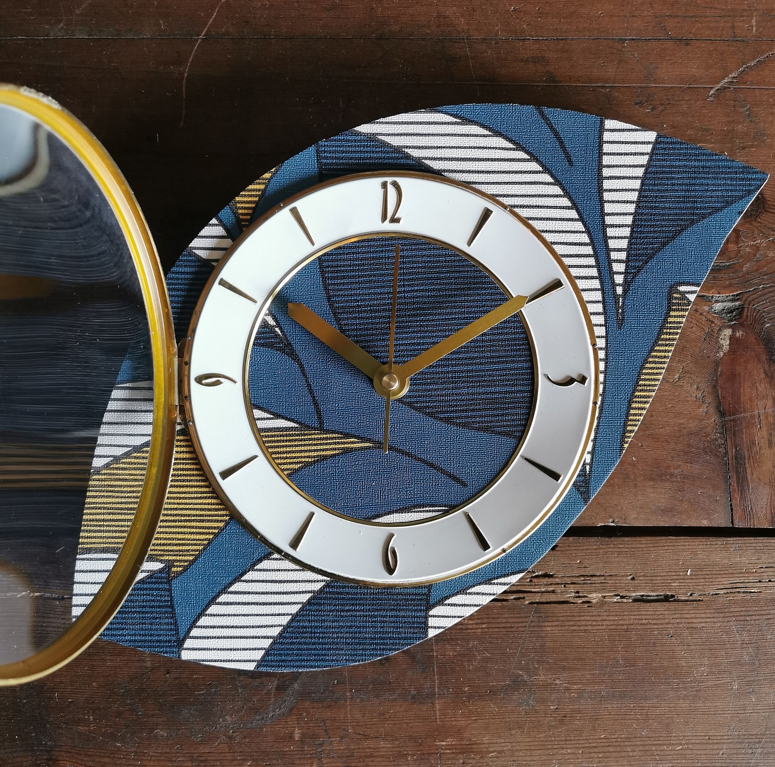 Vintage clock asymmetrical silent wall clock "Blue white ochre"