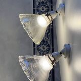 Holophane wall lights with bistro-style porcelain supports