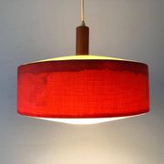 Red fabric ceiling light with textured plexiglass shade by Temde, 1960s, Germany.