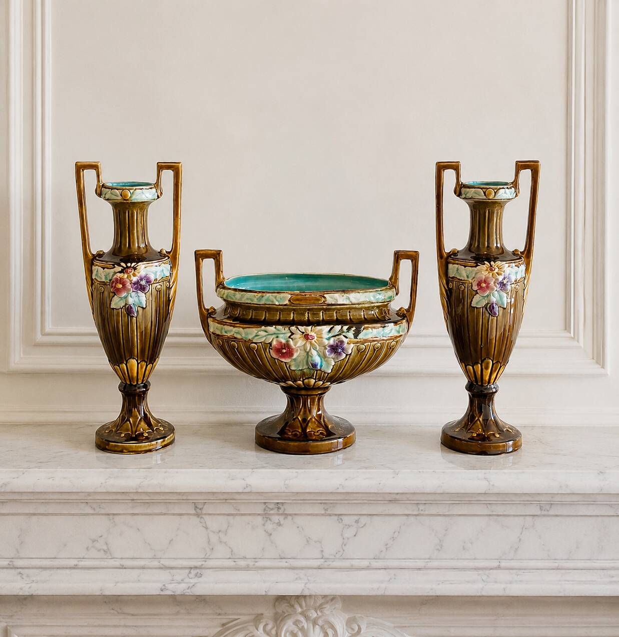 Art Nouveau fireplace set in majolica