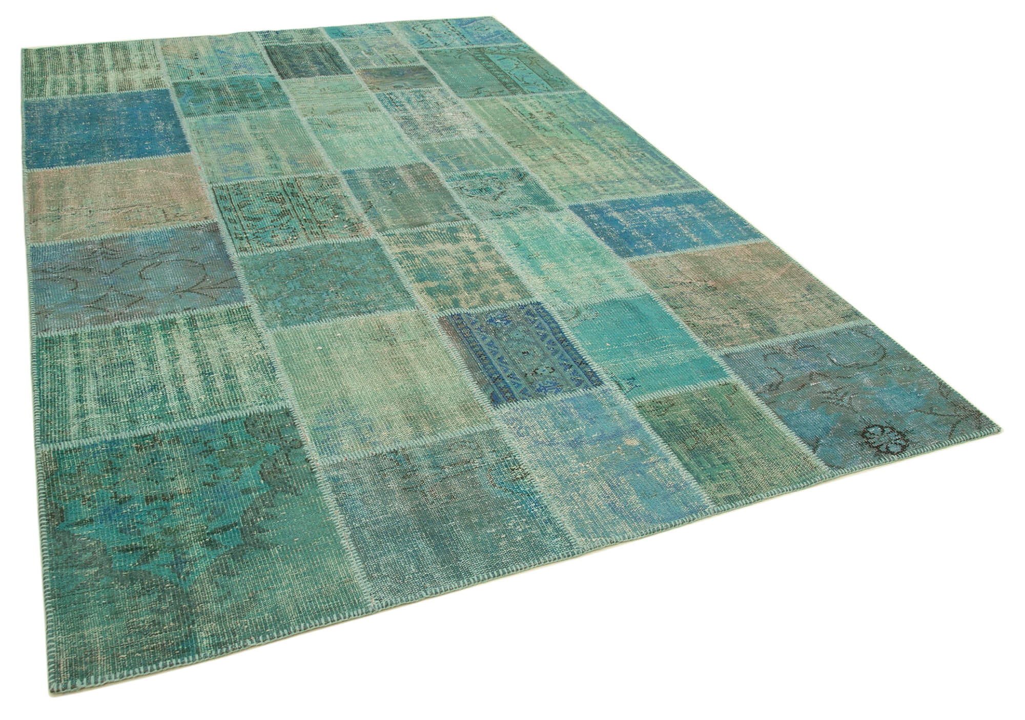 Hand-knotted oriental vintage 205 cm x 300 cm turquoise patchwork carpet