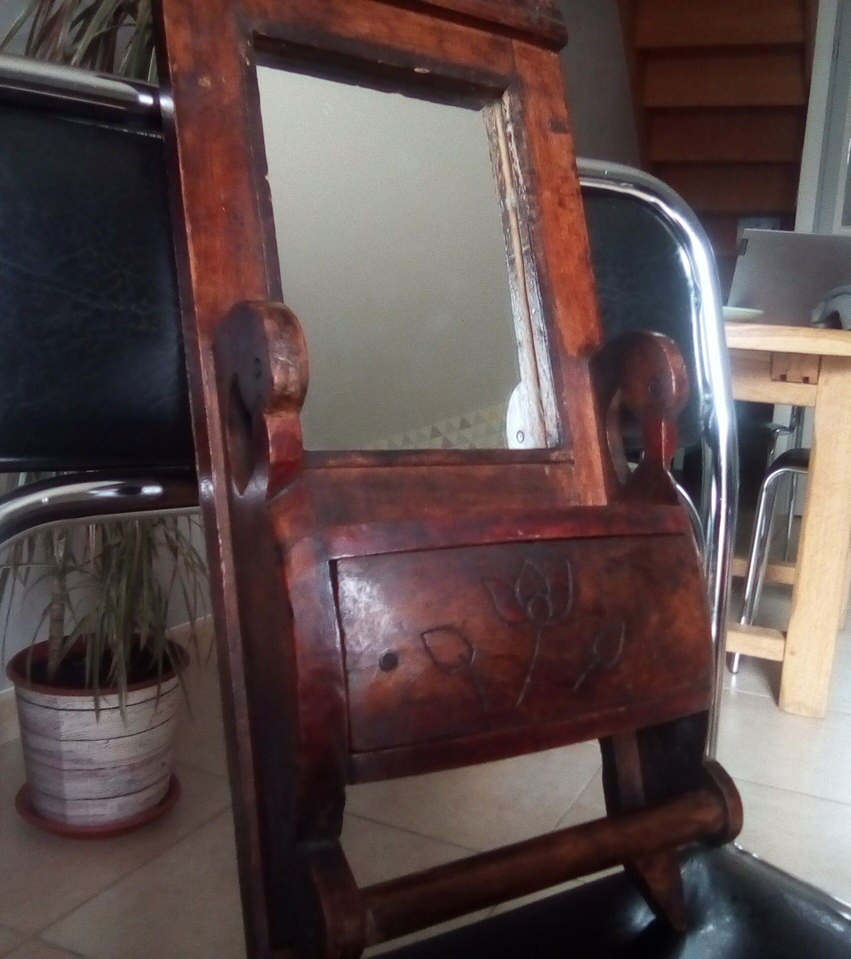 Old art deco barber mirror in teak