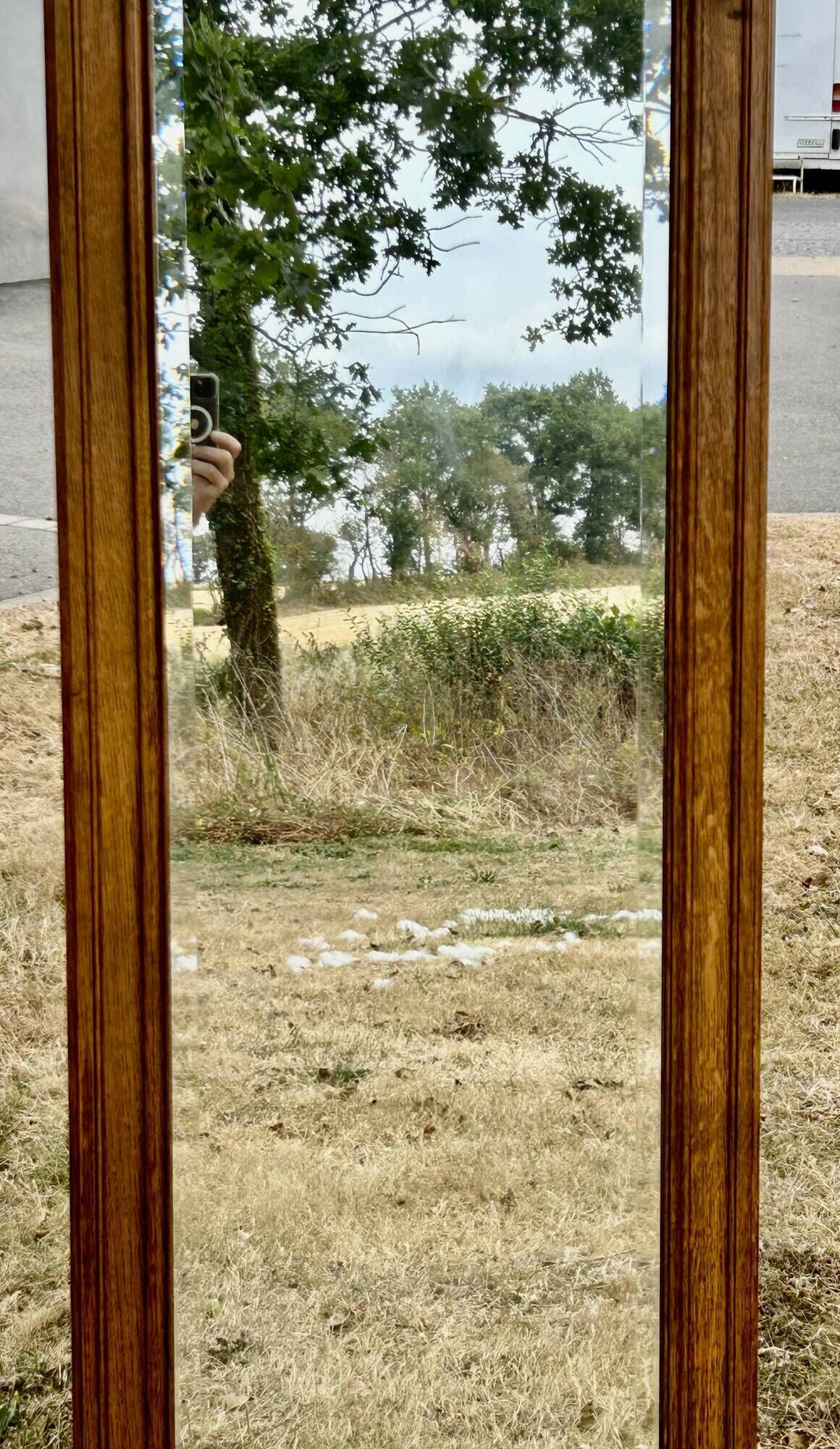 Large and old bevelled framed floor mirror.