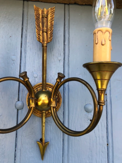 French neoclassical antique wall sconces  highly detailed with hunting horn and arrow motif hunting