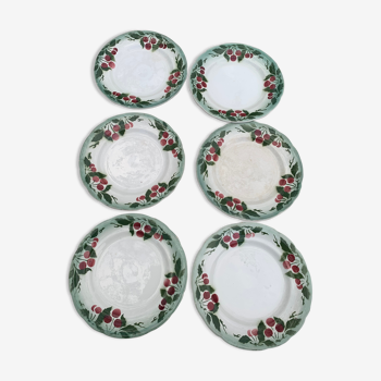 6 assiettes terre de fer, choisy le roi, modèle aux cerises anciennes