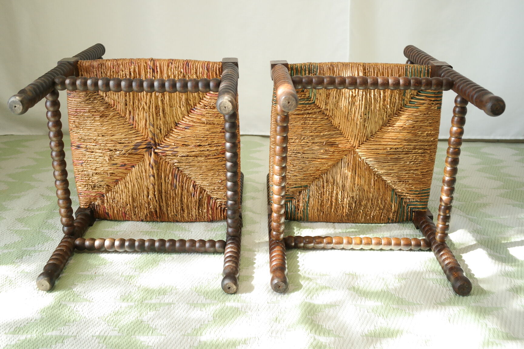 Pair of chairs corner fireplace turned beaded wood