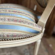 Pair of Louis XVI style chairs in painted wood and satin, classic elegance.
