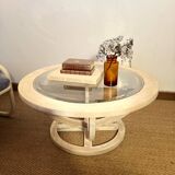 Oval patinated wood and beveled glass coffee table