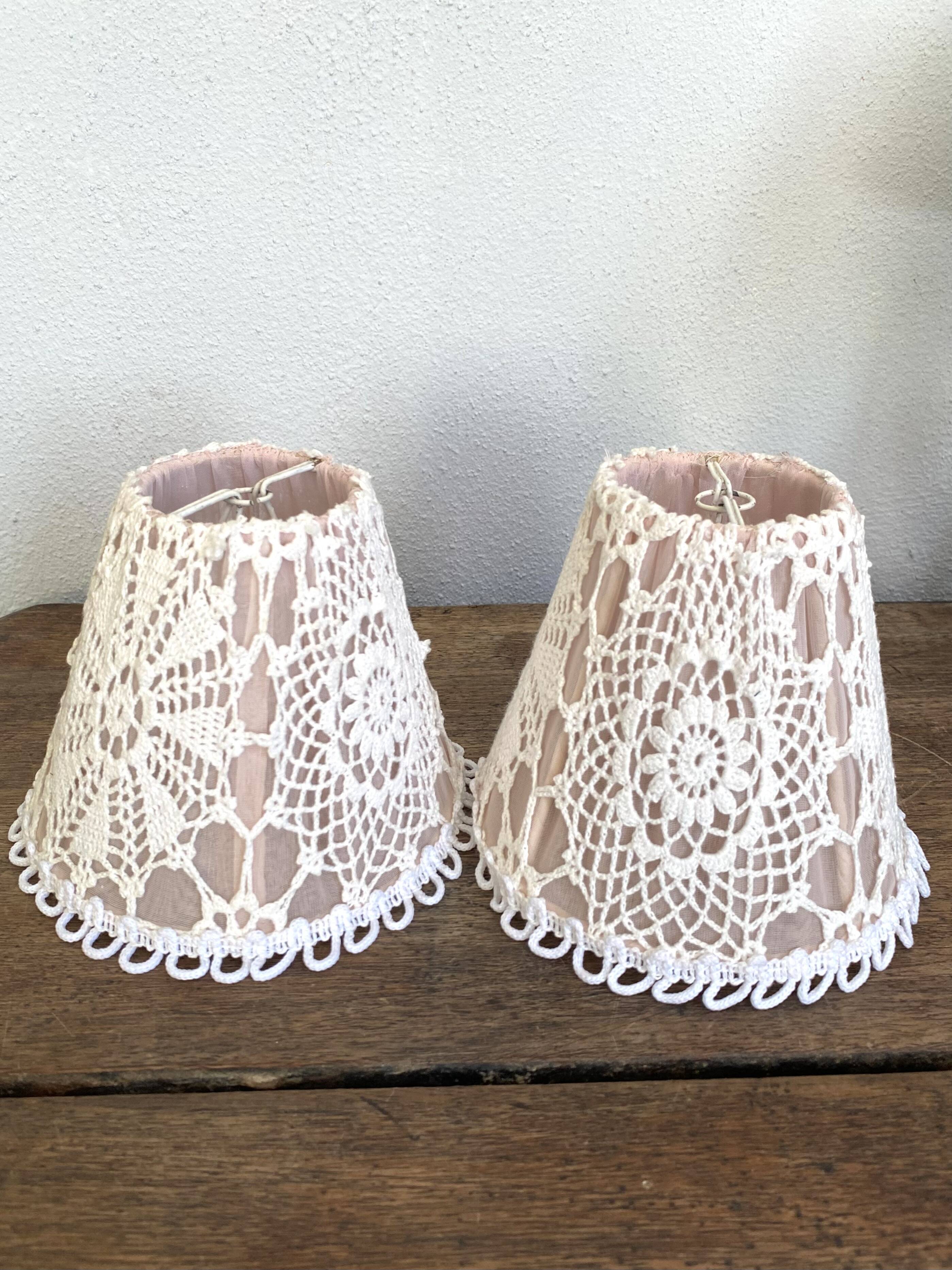 Duo of fishnet and cotton crochet lampshades, 1960s