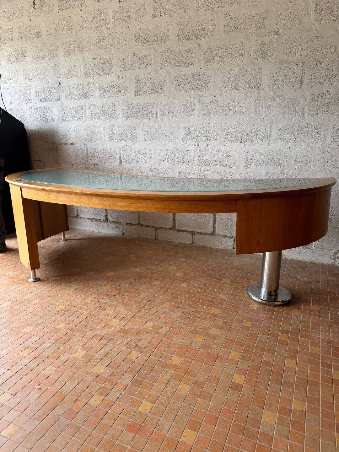 Large desk design in oak and smoked glass - 1990s