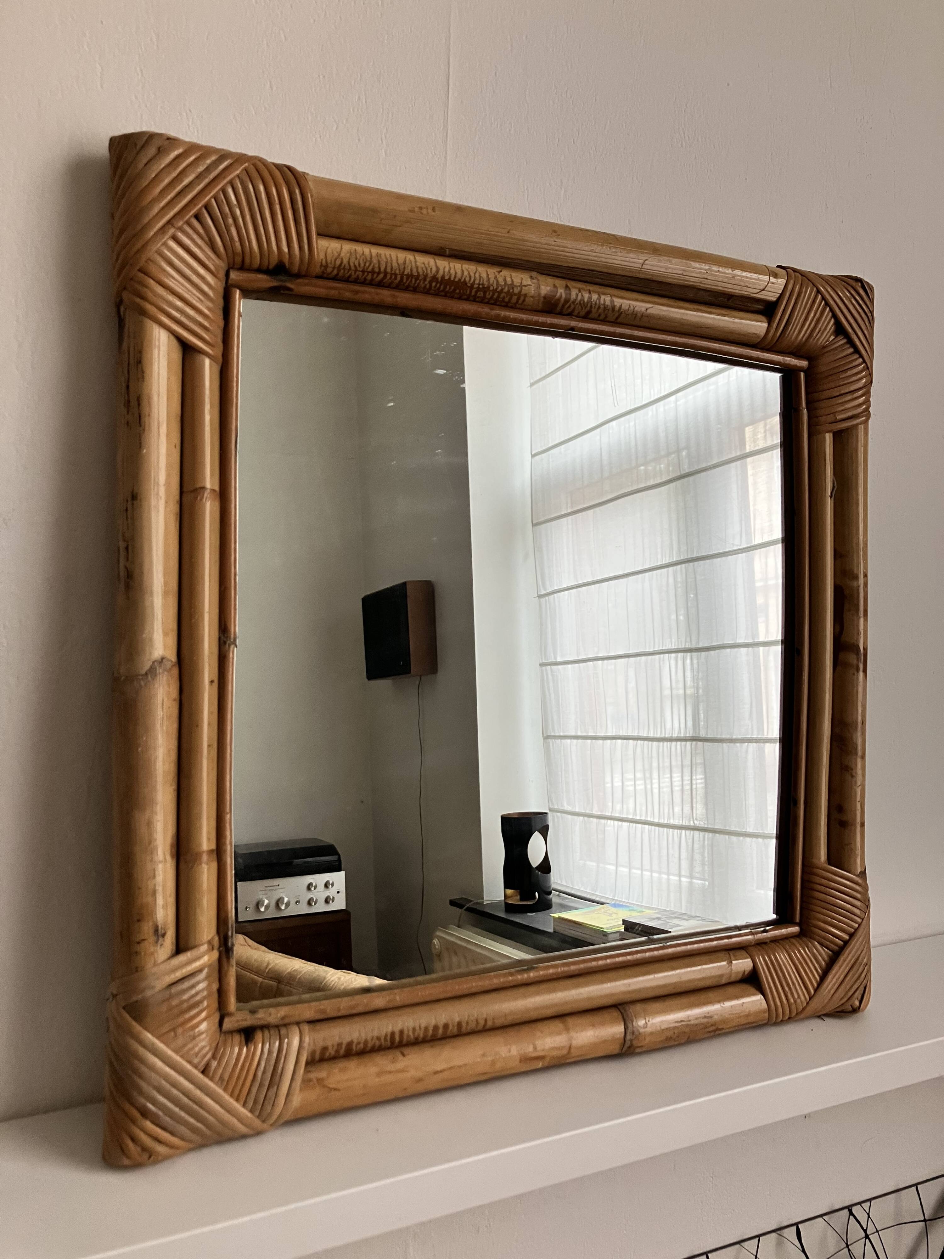 Bamboo rattan mirror from the 70s, French Riviera.