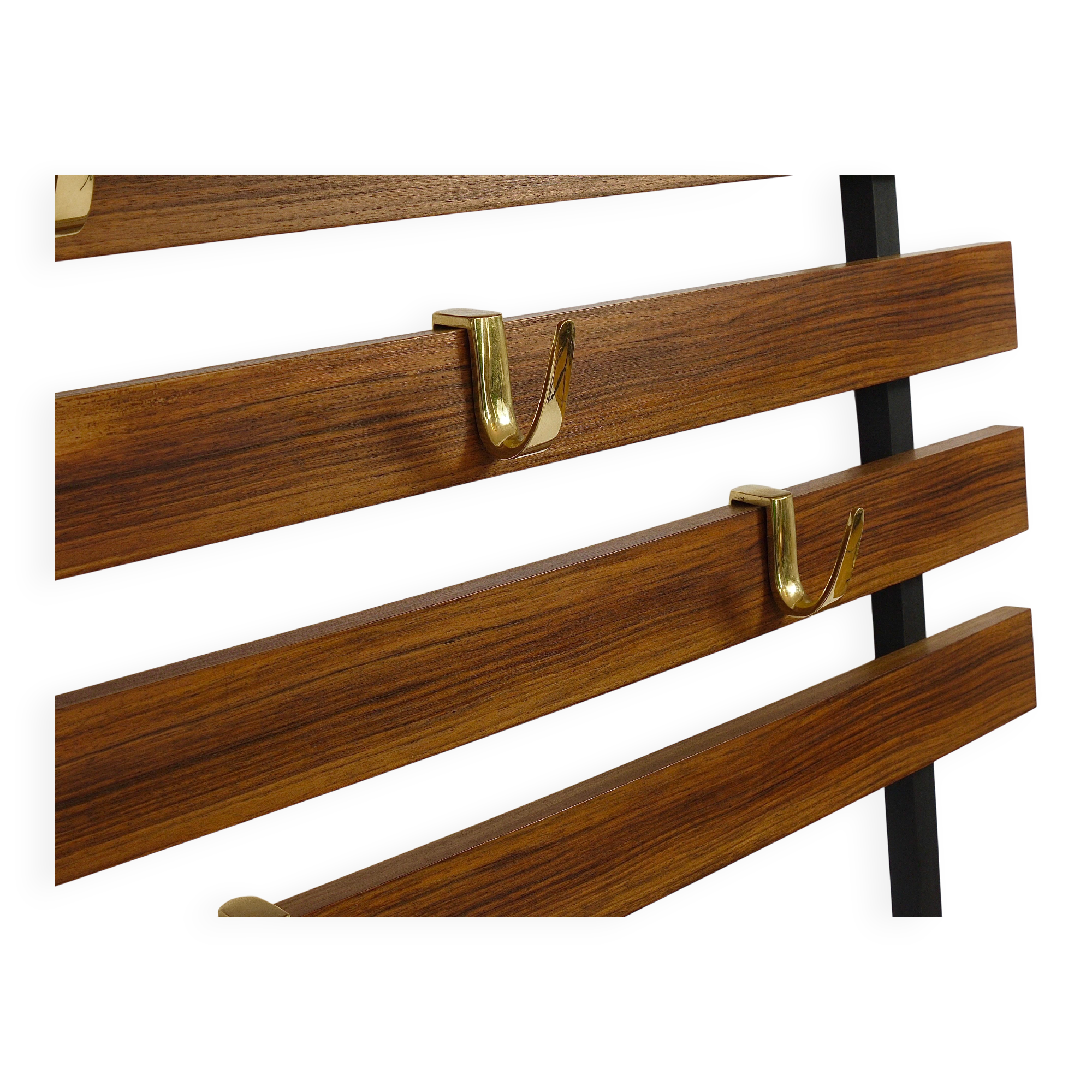 Wall coat rack by Carl Aubock with 5 brass hooks, walnut, iron, Austria, 1950s.