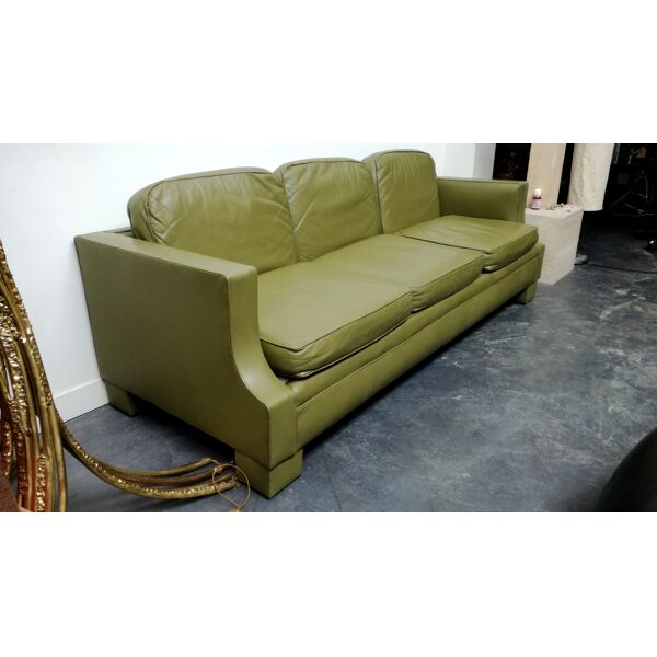 Jansen Olive Green Leather Sofa France, Green Leather Sofas