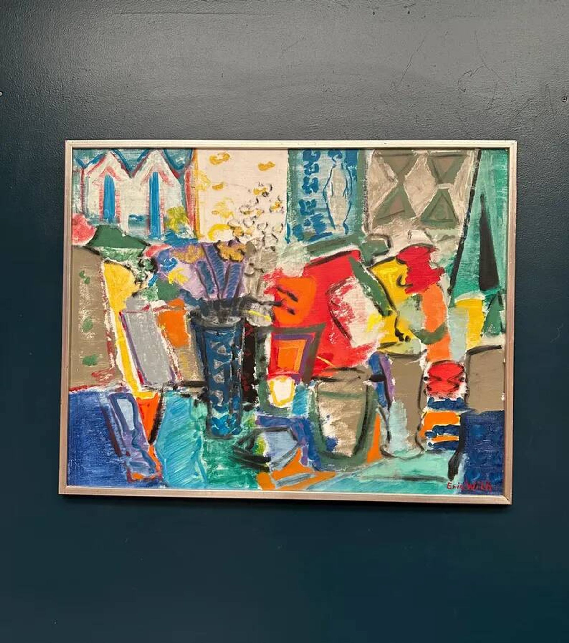 Large Original Swedish Oil on Canvas – “Still Life with Flowers” by Eric With (1916–2000) – Signed – Vintage & Framed – 89×70.5cm