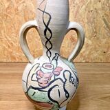 Hand-painted terracotta amphora, 60's design, signed "tm", vintage