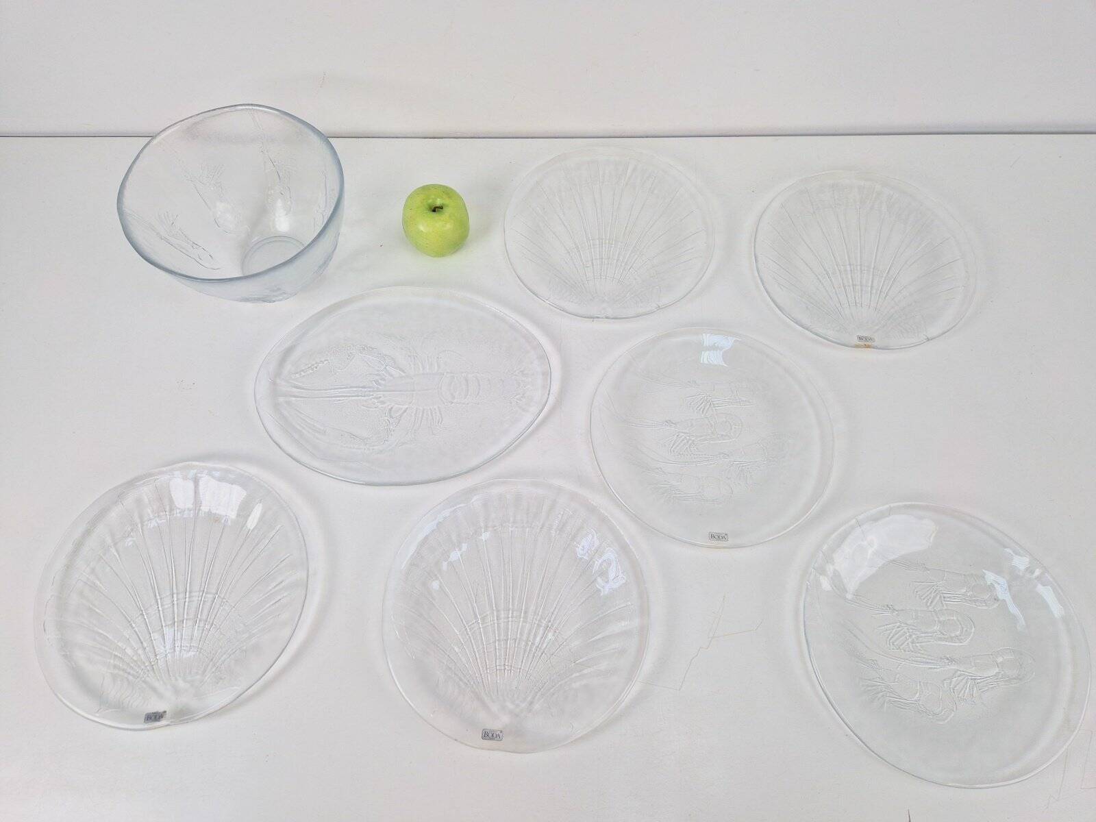 Vintage Glass Seafood Serving Bowl, Plate and Dinner Plates by Ann Warff for Kosta Boda, Sweden, 1970s, Set of 8