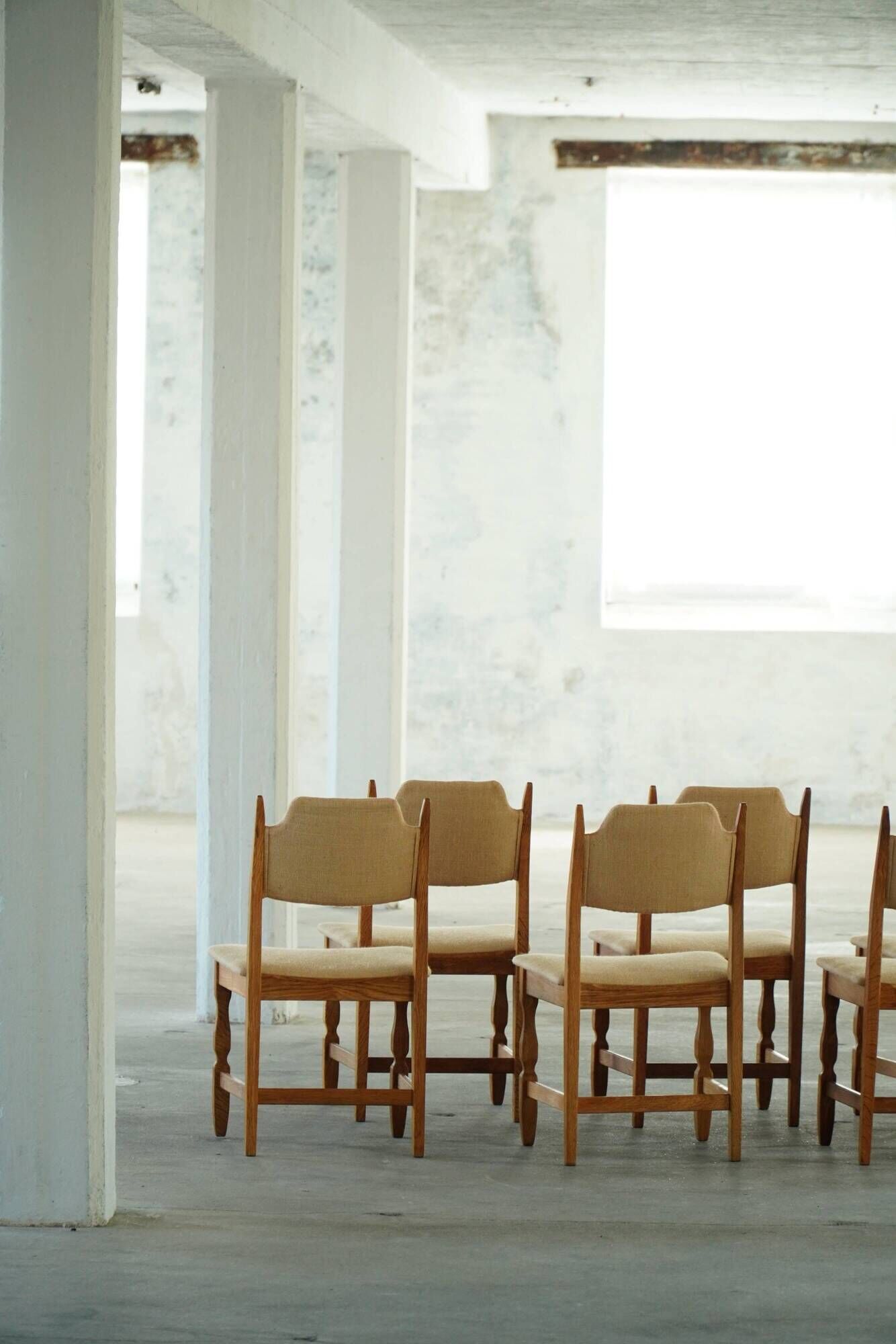 Henning Kjærnulf, set of 8 chairs, Oak and Hessian, Mid Century Modern, 1960s
