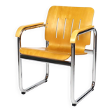 80s curved wood and chrome armchair