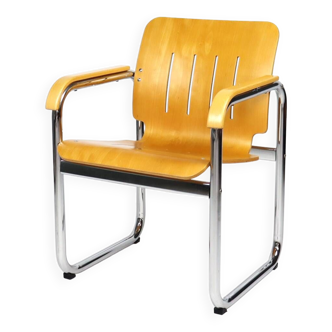 80s curved wood and chrome armchair