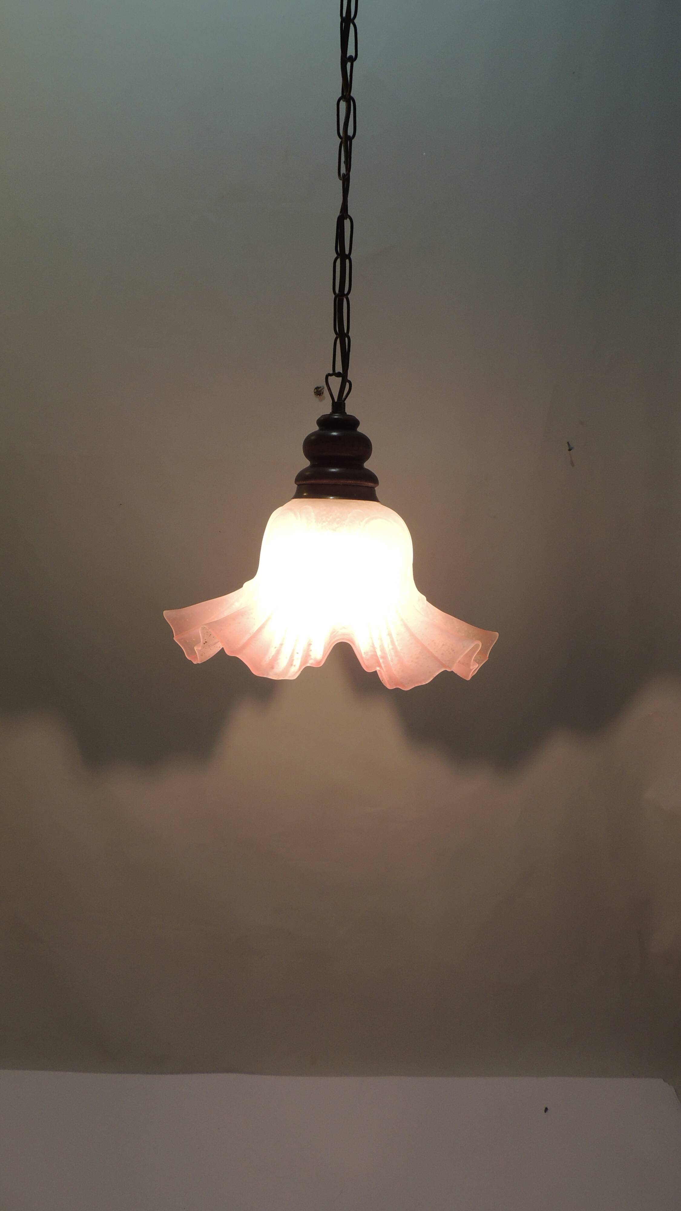 Vintage pink opaline glass pendant light – Art Deco tulip, brass and wood