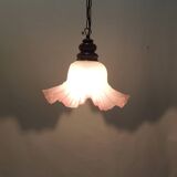 Vintage pink opaline glass pendant light – Art Deco tulip, brass and wood