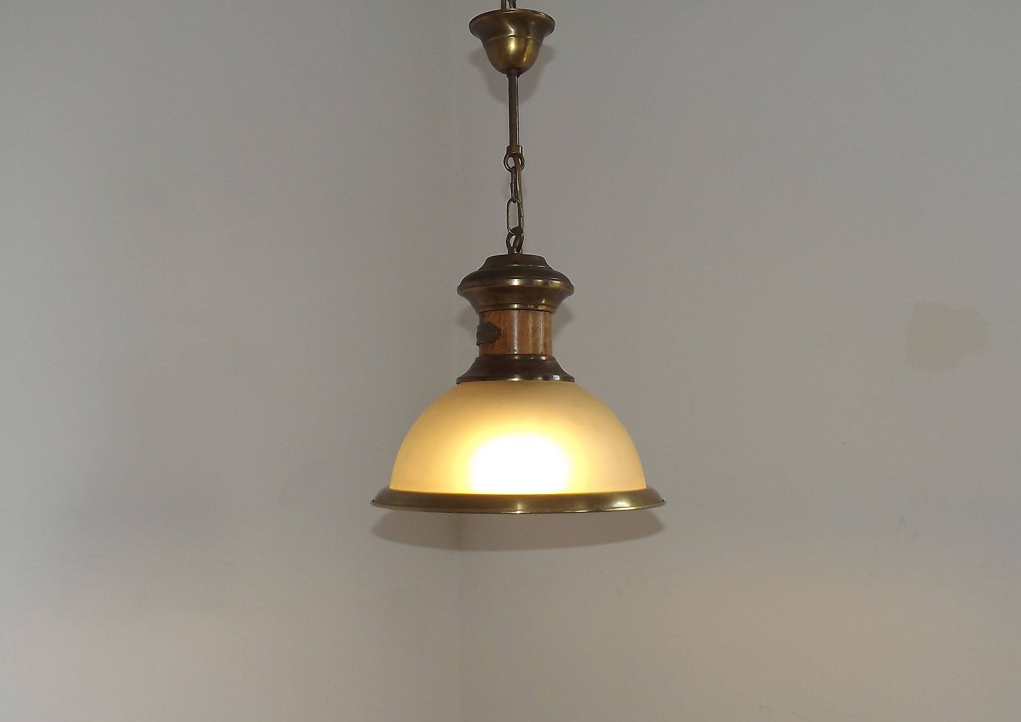 French Vintage "Louisiane" Brass & Wood Pendant Lamp - Hanging Light
