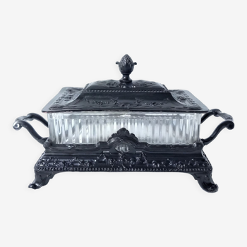 Empire Napoleon III style butter dish in blackened metal and crystal