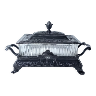 Empire Napoleon III style butter dish in blackened metal and crystal