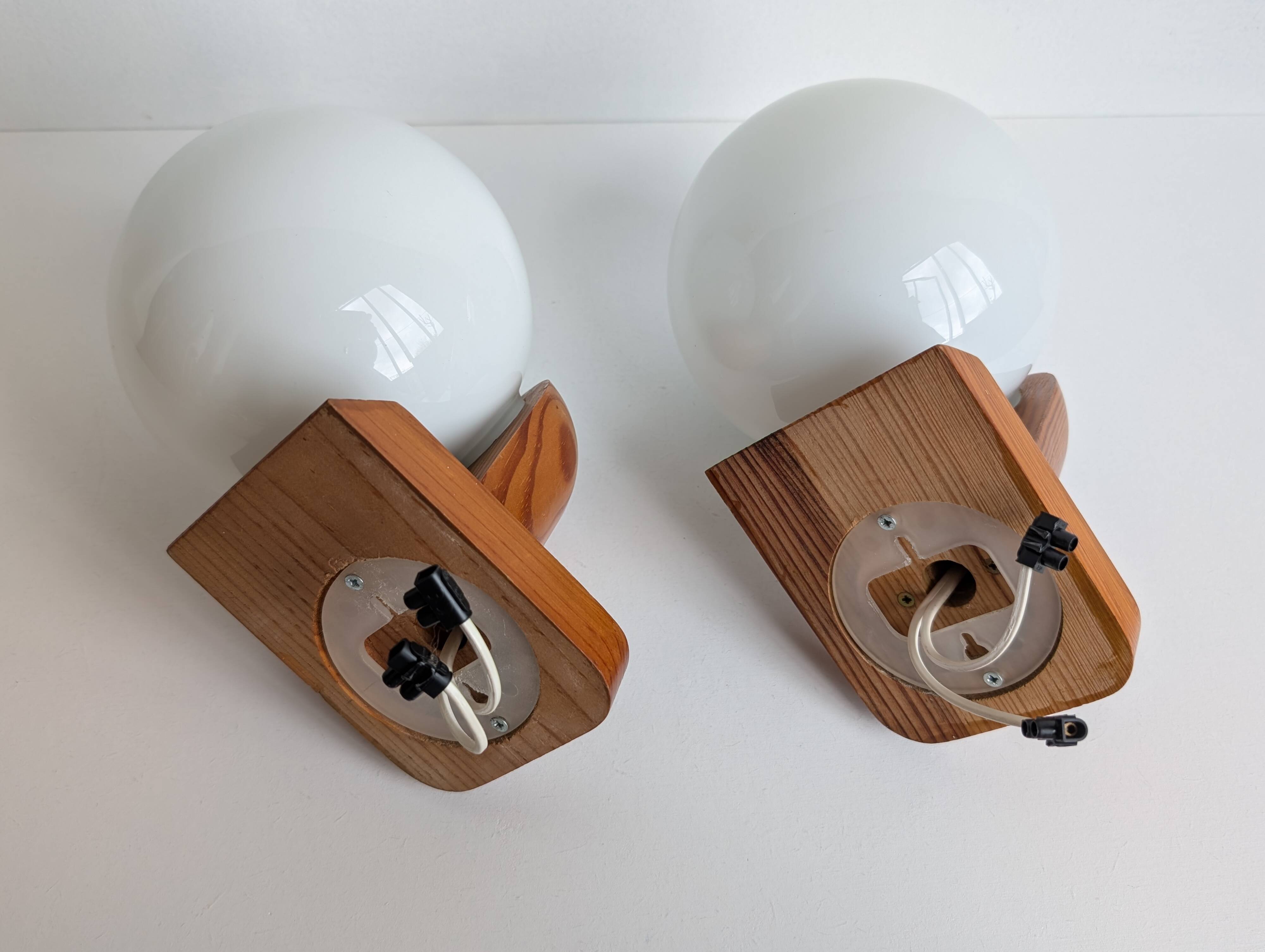 Pair of solid pine and opaline wall lights