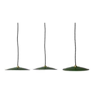 Lot 3 old vintage green enamelled pendant lamps