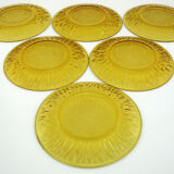 6 flat plates in amber tempered glass - Soleil Vereco France - vintage 70s