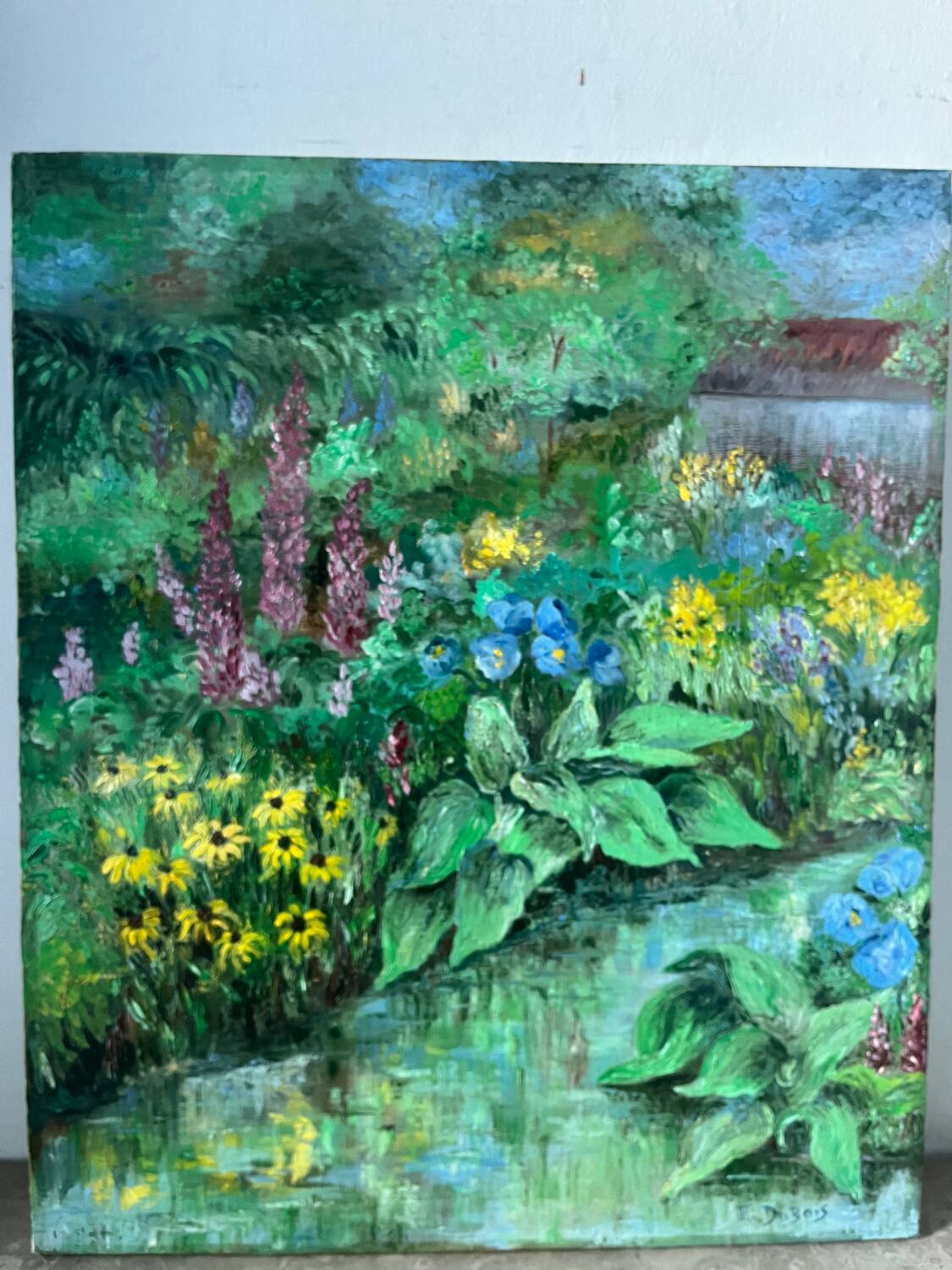 Flower garden and stream, signed