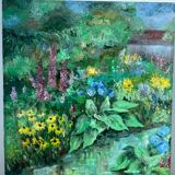 Flower garden and stream, signed