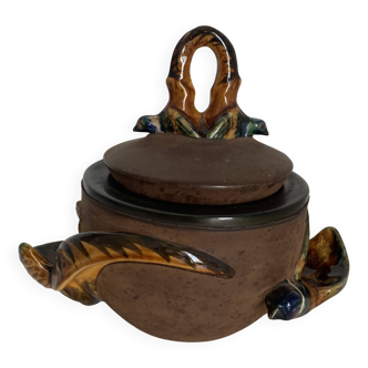 Vintage tobacco jar 1960 Longchamp suede pheasant pipe holder - 24 x 20 cm