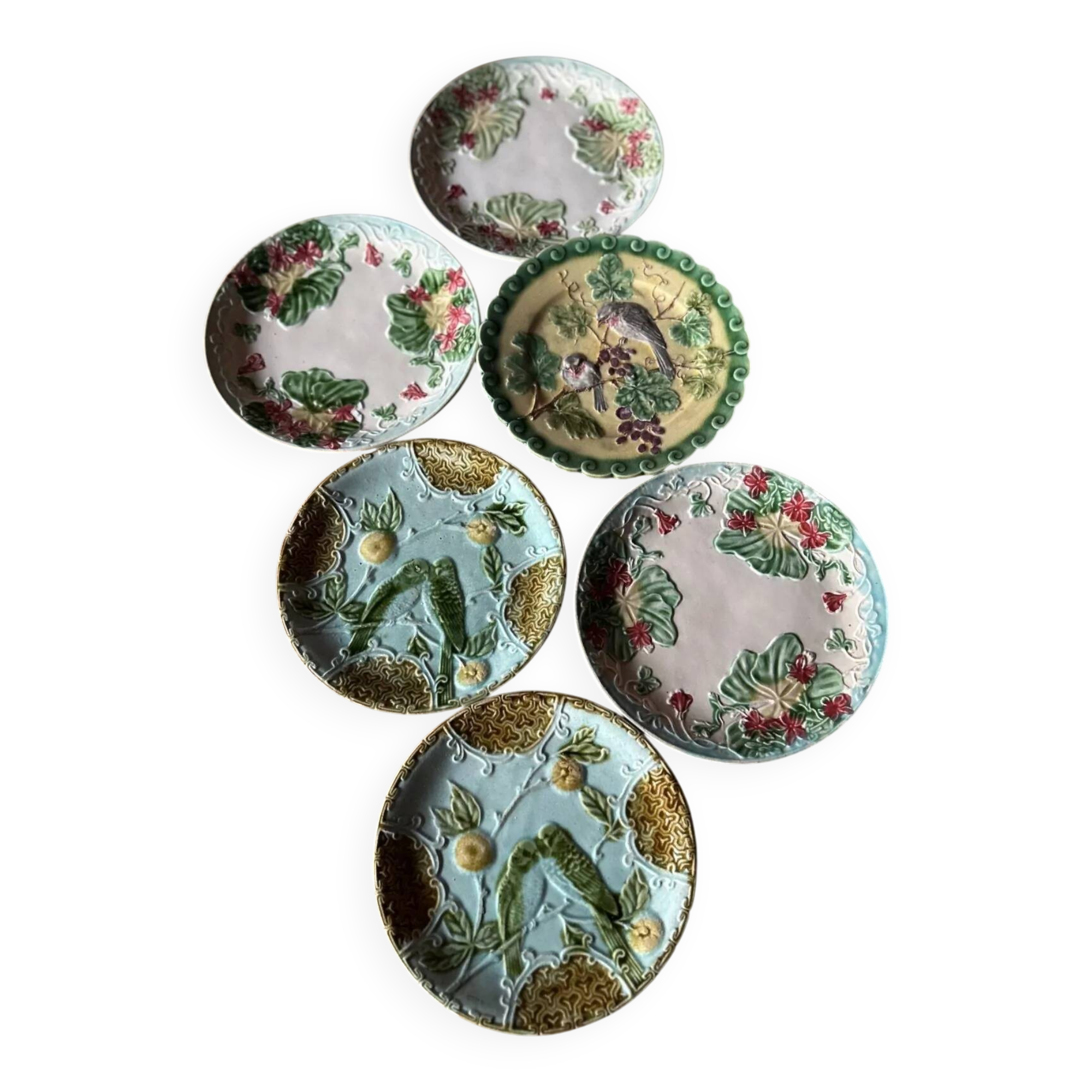 Antique faience barbotine plates – Mismatched set – circa 1900