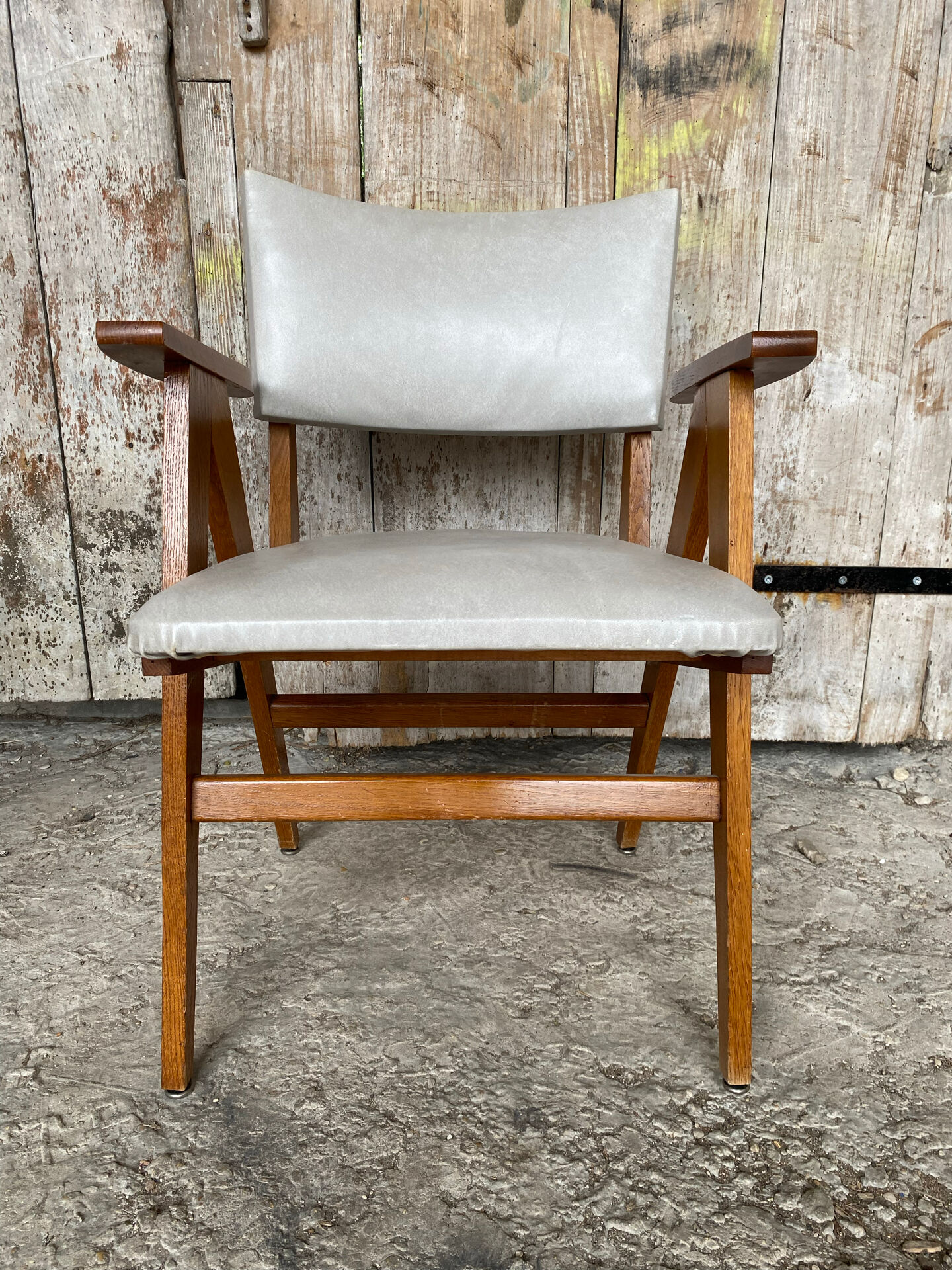 Vintage 1960s Scandinavian Bridge Armchair Wood + Grey Faux Leather