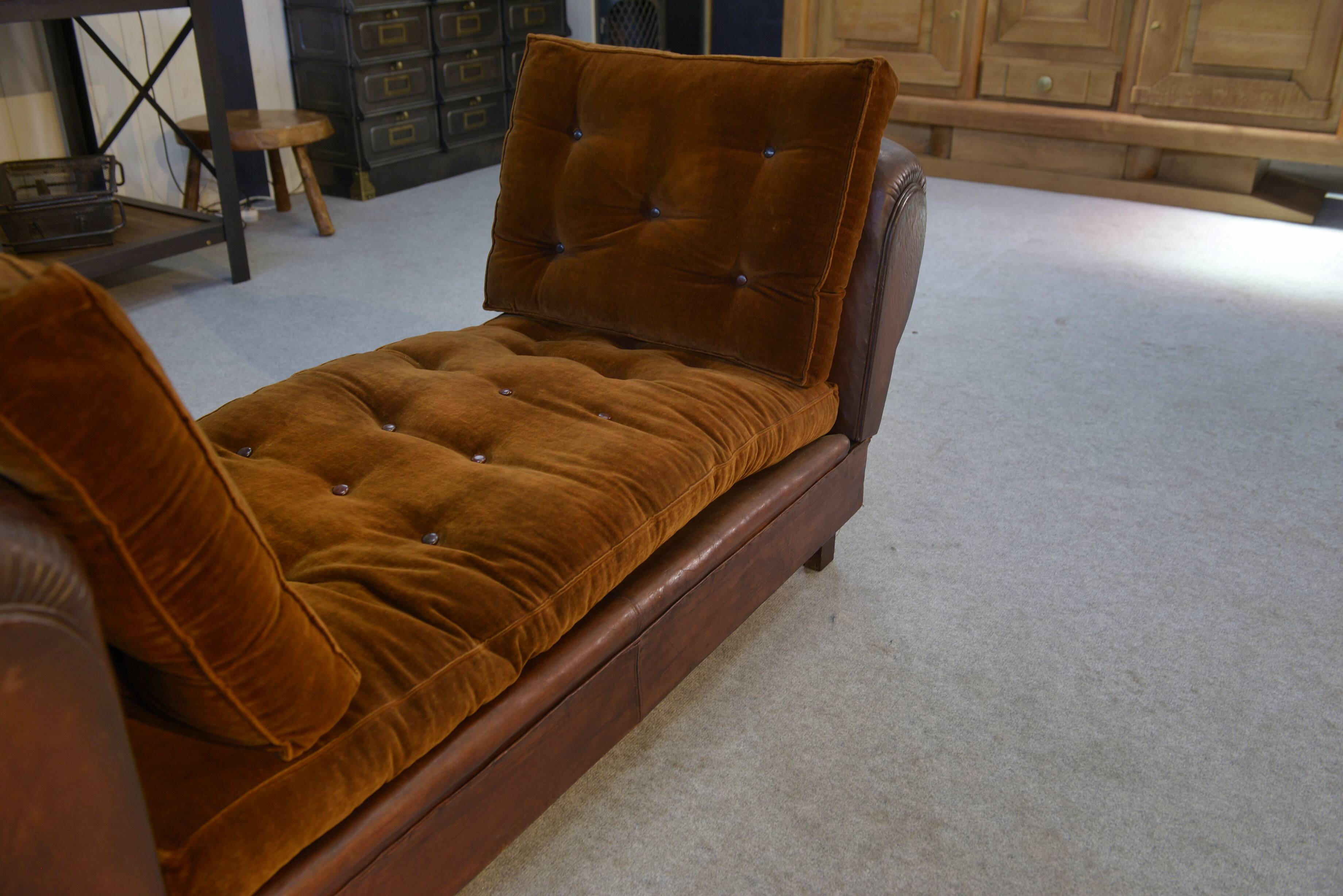1920s convertible leather club bench with velvet seats