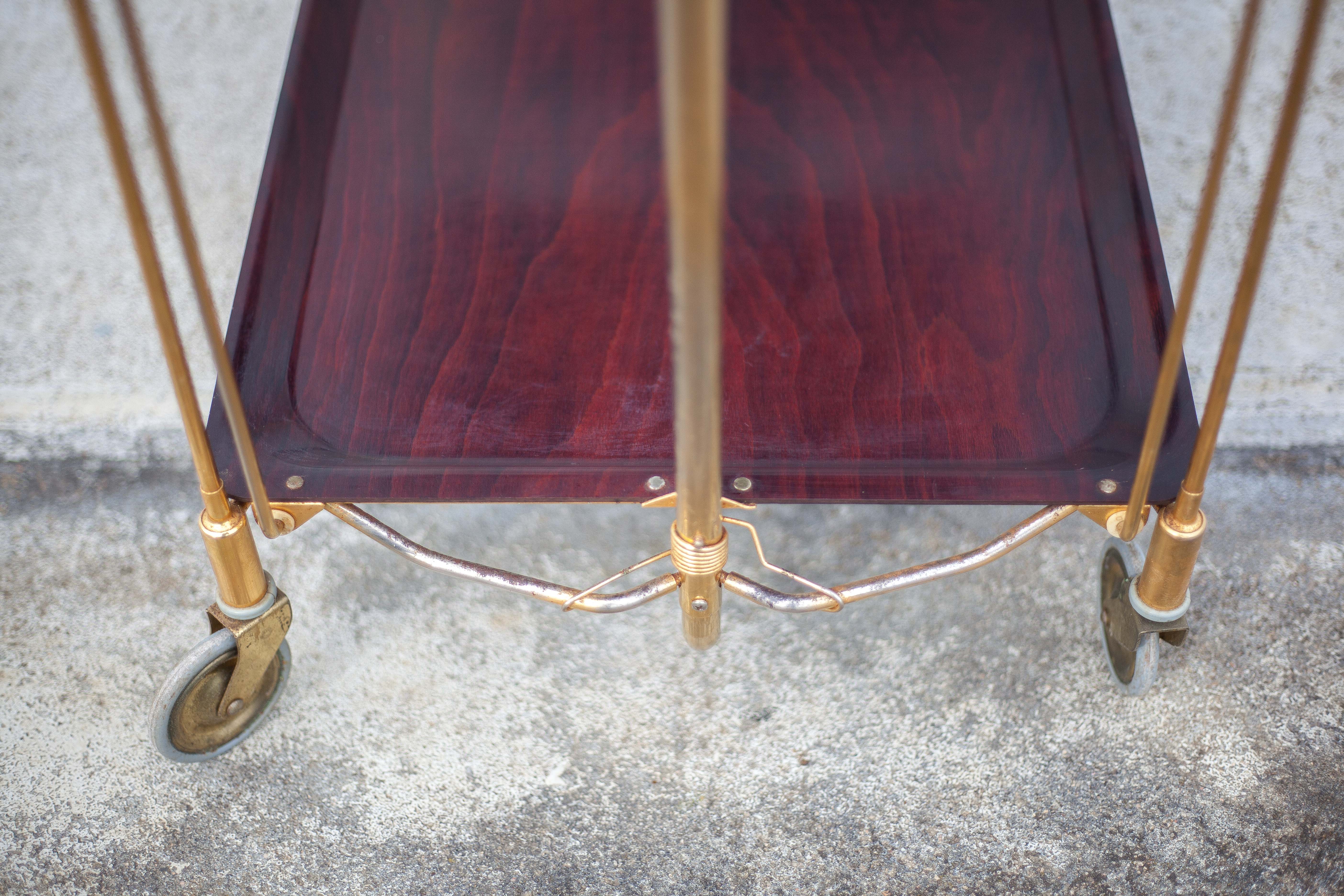 Vintage service, rolling bar, table, wheeled service, golden metal service, folding service