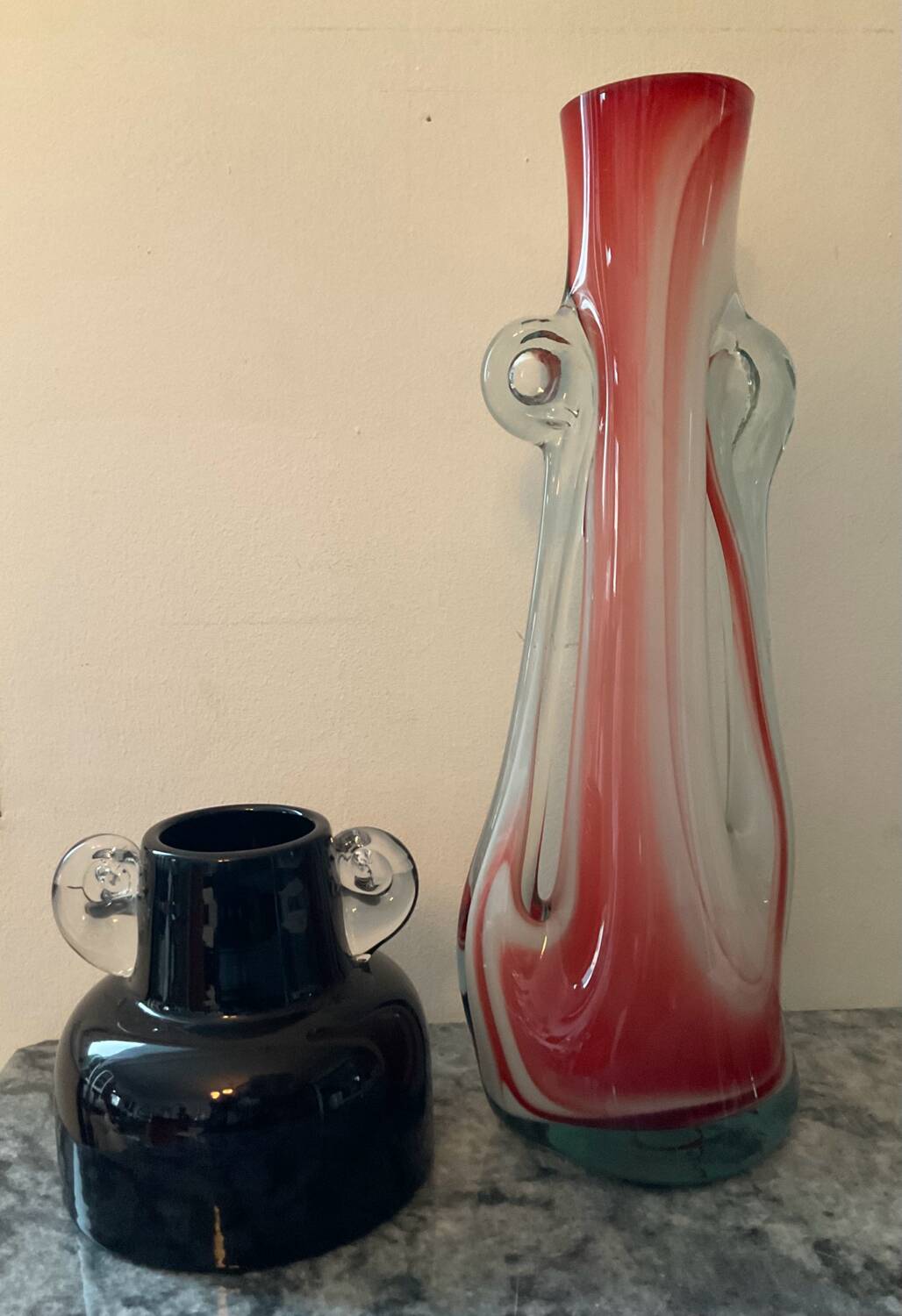 Two vintage ear vases made of Murano glass.