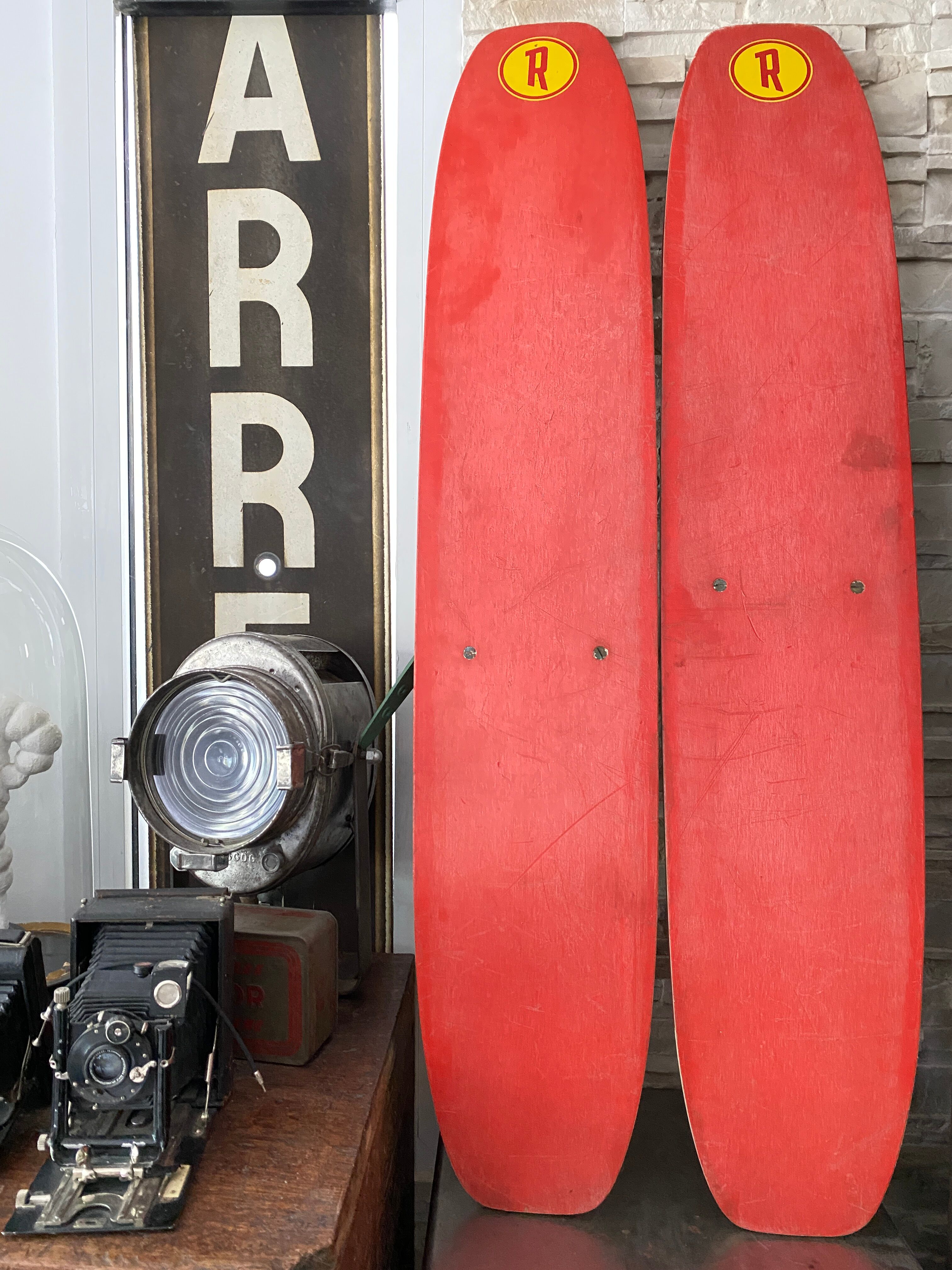 Pair of wooden water skis