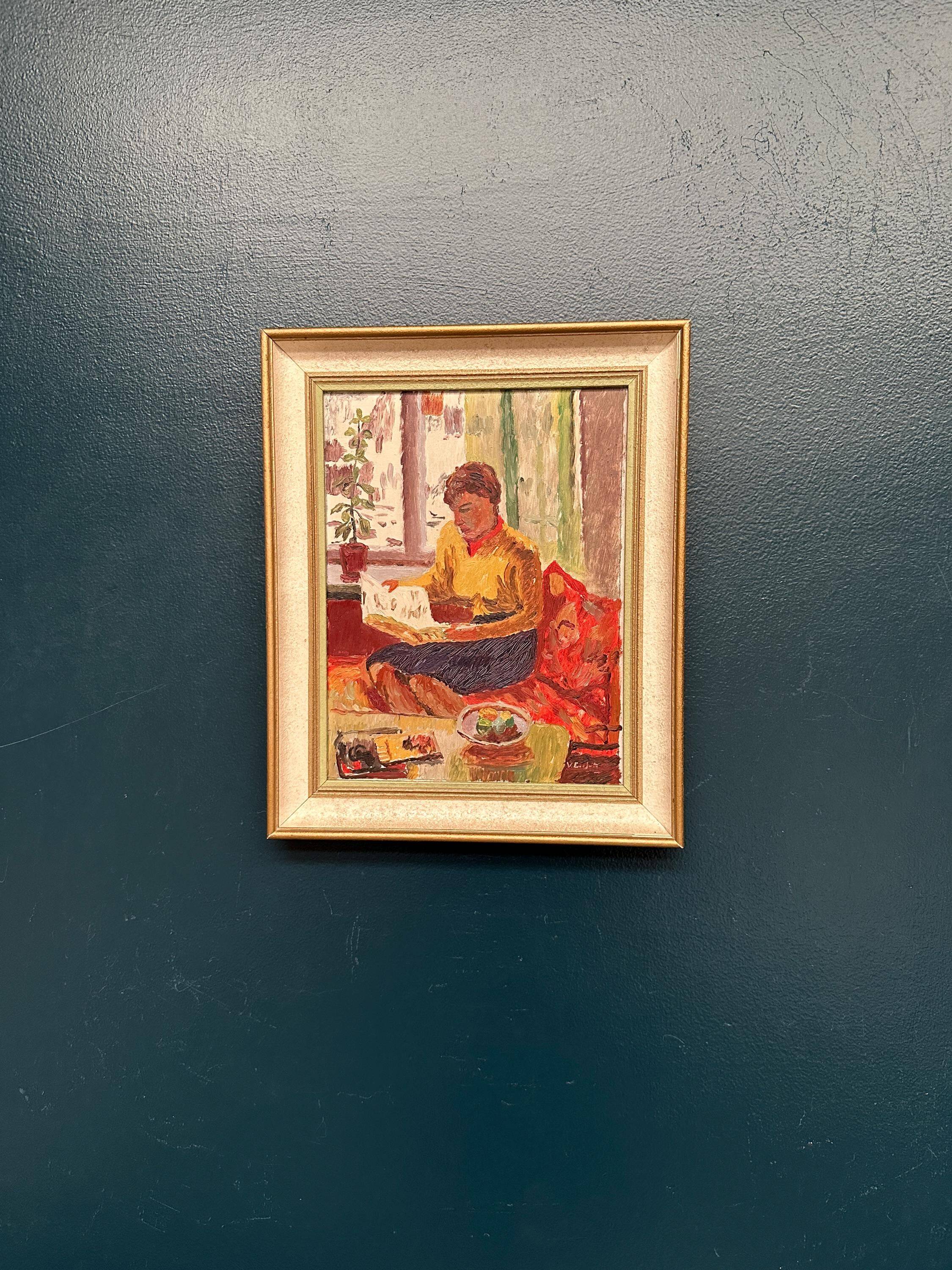 Original Swedish Oil on Panel – “Woman Reading Book” by Einar Emland