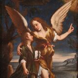 Tableau ancien italien du XVIIe siècle, Tobie et l'ange