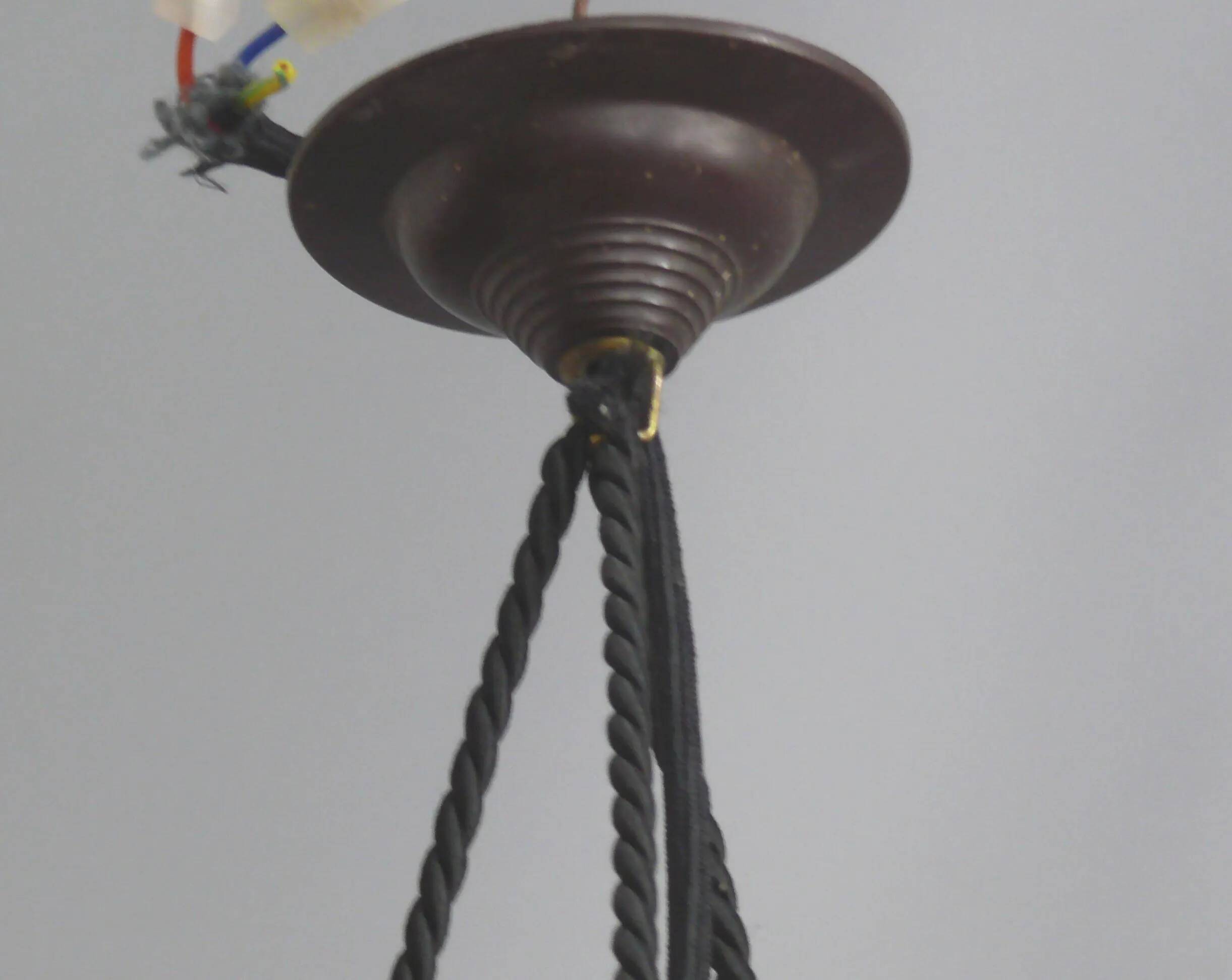 Large Art Deco Glass Pendant Light, Marbled with Rope Suspension, 1920s - 1930s