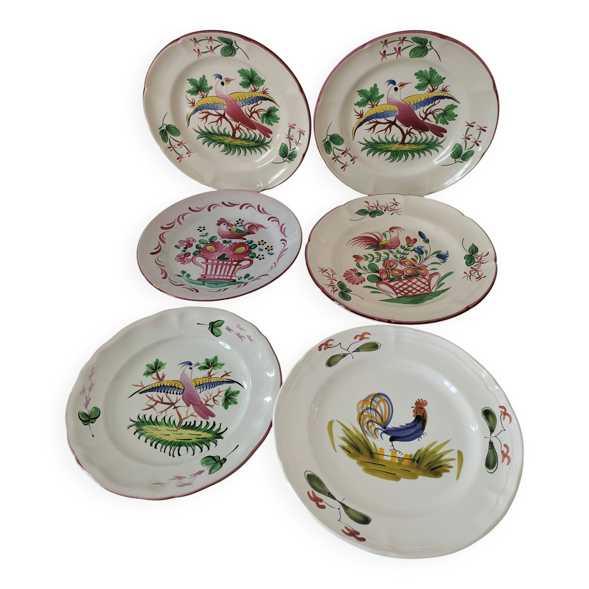 Set of 6 plates with birds and roosters.