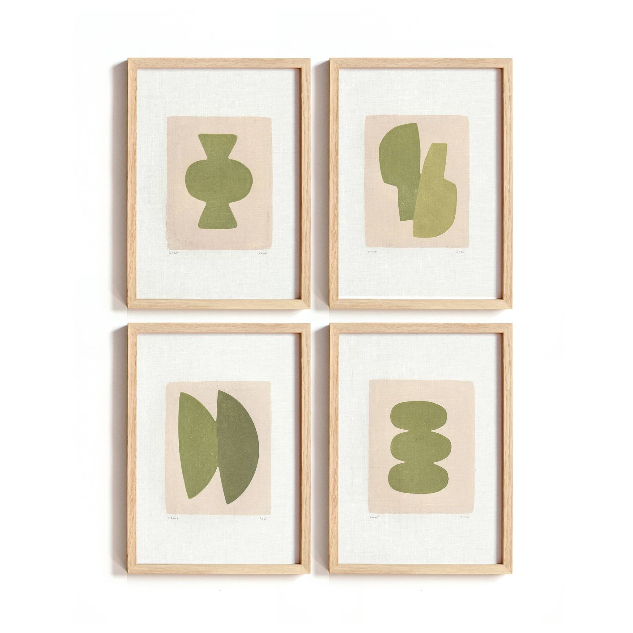 Collection de 4 peintures abstraites col.vert sauge signées Eawy