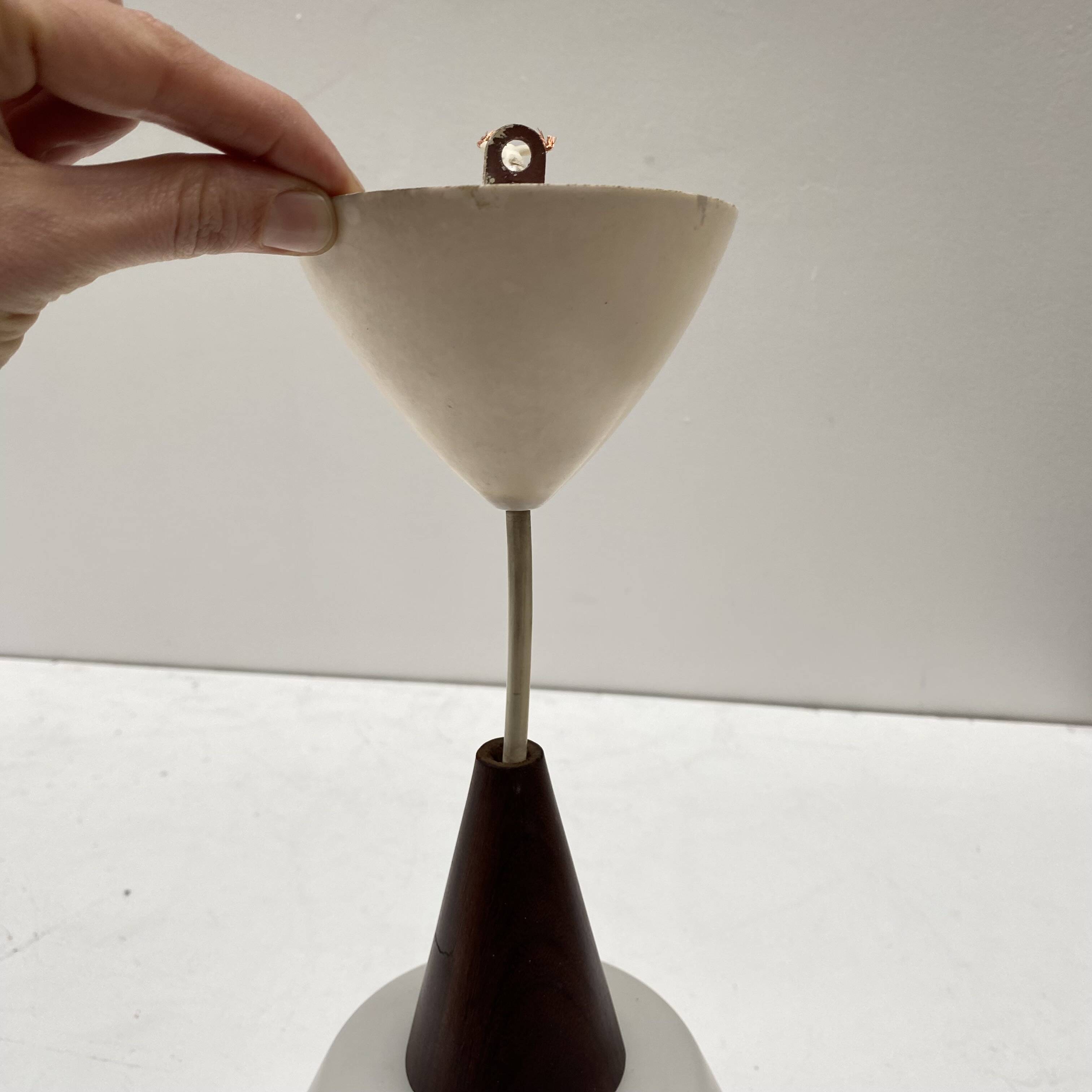 Teak and opaline pendant light from the 60s by Louis Kalff for Philips